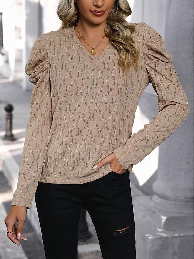  Women's Blouse Elegant Vintage Stylish Long Sleeve V Neck Work Daily Khaki Spring Fall Winter