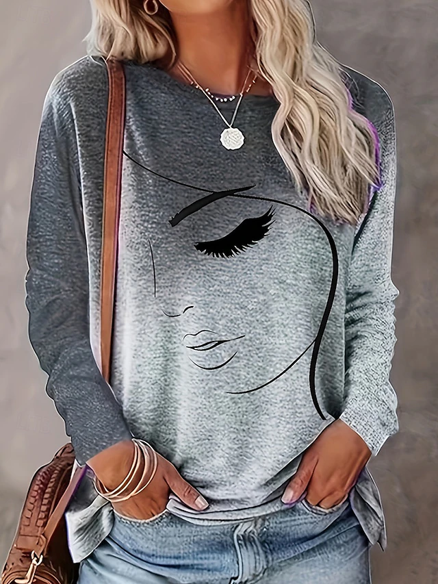 Women's T shirt Crew Neck Long Sleeve Tunic Casual Print Regular Tops Daily Khaki Gray Spring Fall 7