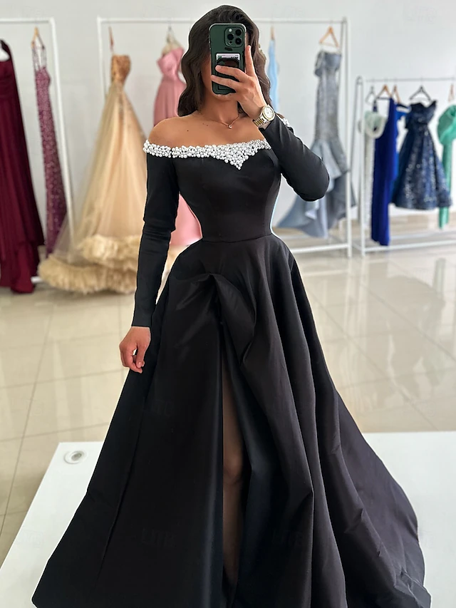 A-Line Evening Gown Elegant Dress Formal Floor Length Long Sleeve Off Shoulder Pocket Satin with Pearls 5