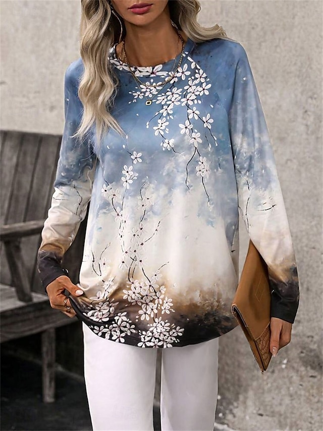  maglietta da donna casual stampa manica lunga maglie lunghe girocollo quotidiano blu autunno inverno
