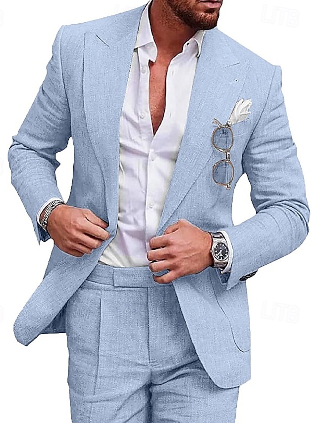  herre lindresser strand bryllup sommerdress ensfarget 2-delt skreddersydd passform champagnebeige med én knapp