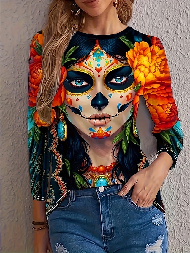  Femme T shirt Tee Halloween Marrant manche longue bleu marine Printemps Automne