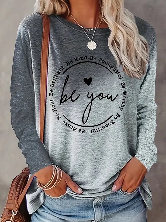 Women's T shirt Long Sleeve Crew Neck Long Sleeve Tunic Casual Print Regular Tops Daily Weekend Gray Spring & Fall Prefall4