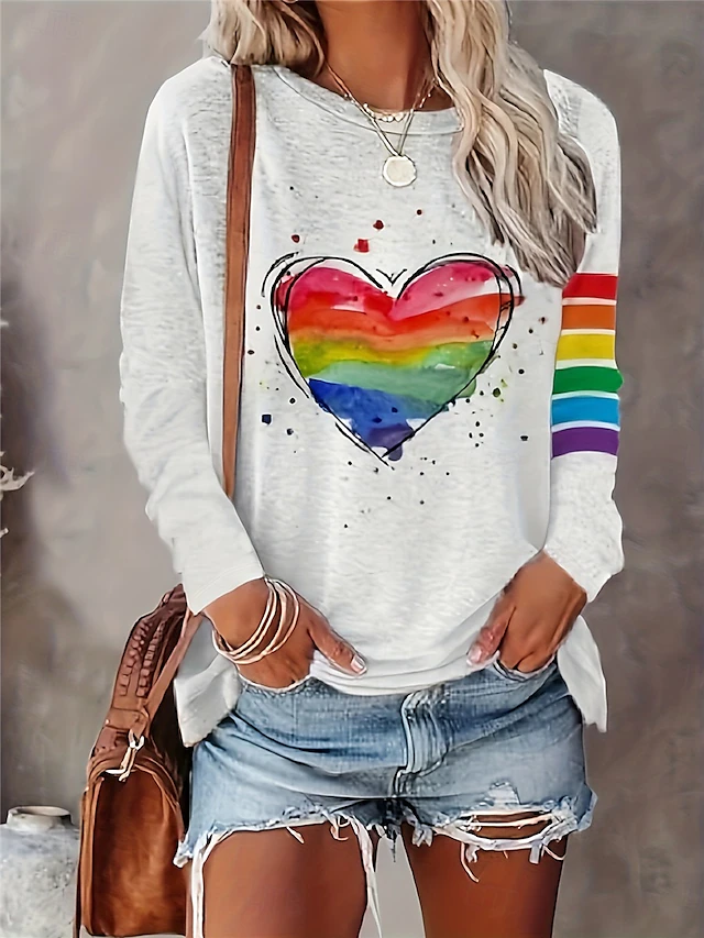 Women's T shirt Long Sleeve Crew Neck Long Sleeve Tunic Casual Print Regular Tops Daily White Spring & Fall Prefall 6