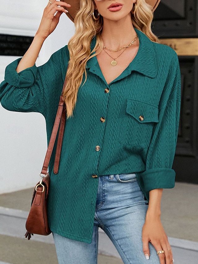  Dames Blouse Effen Kleur Casual Lange mouw Overhemdkraag Dagelijks Grijs-Groen blauw Groen Beige Zomer Lente Herfst