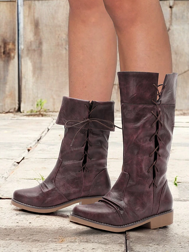 Women's Burgundy Convertible Mid-Calf Boots with Fold-Down Cuff and Lace-Up Detail - Versatile Vintage-Inspired Footwear for Casual and Fall Outfits 11