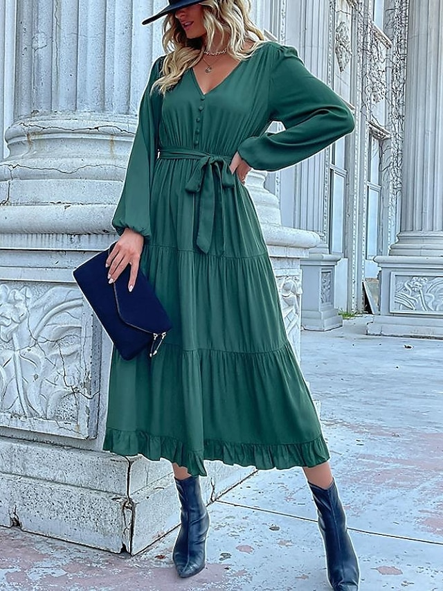  Robe unie Femme Robe Maxi Lacet Ruché Plein Air Rendez-vous Décontractées Col V manche longue Ample Bleu Orange Vert S M L XL
