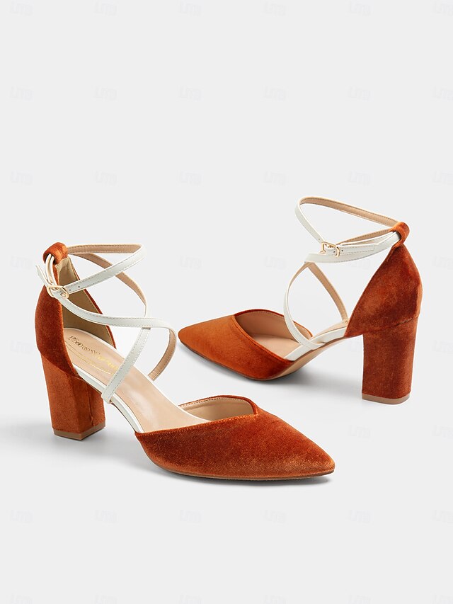 Chic Two-Tone Women's Ankle Strap Heels - Elegant Suede Finish in Burnt Orange and Cream, Perfect for Office Wear and Evening Outfits 10