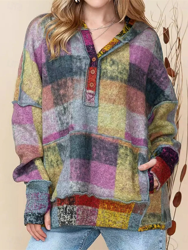 Women's Hoodie Sweatshirt Active Fashion Streetwear Plaid Street Dailywear Casual Hoodie Buttons Pocket Print Long Sleeve Green Fall Winter 11