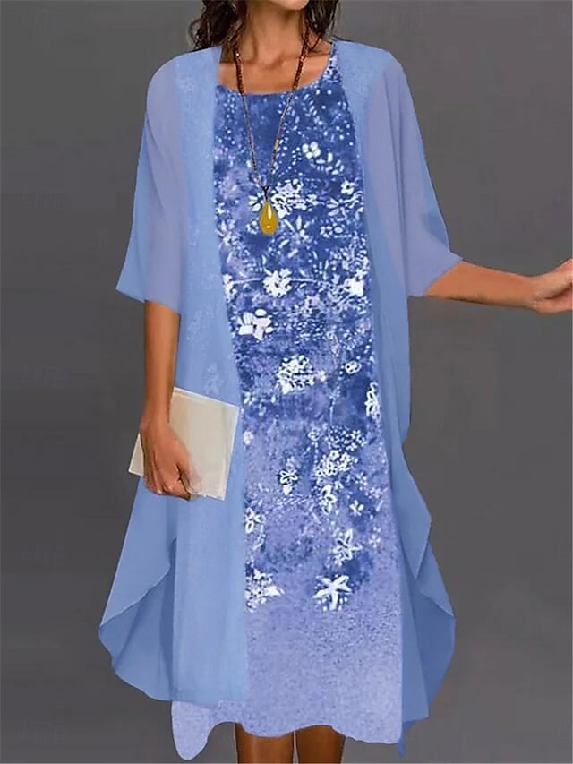  Femme Robe Ensemble Robe casual Robe imprimée Mode Moderne Floral Imprimer Robe mi-longue Manches 3/4 Col Ras du Cou Extérieur Rendez-vous Bleu Violet Vert Automne Ample