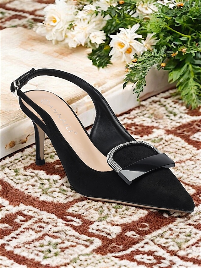  női fekete hegyes orrú slingback sarkú cipő dekoratív csattal - elegáns magassarkú pumpák irodai és esti rendezvényekre