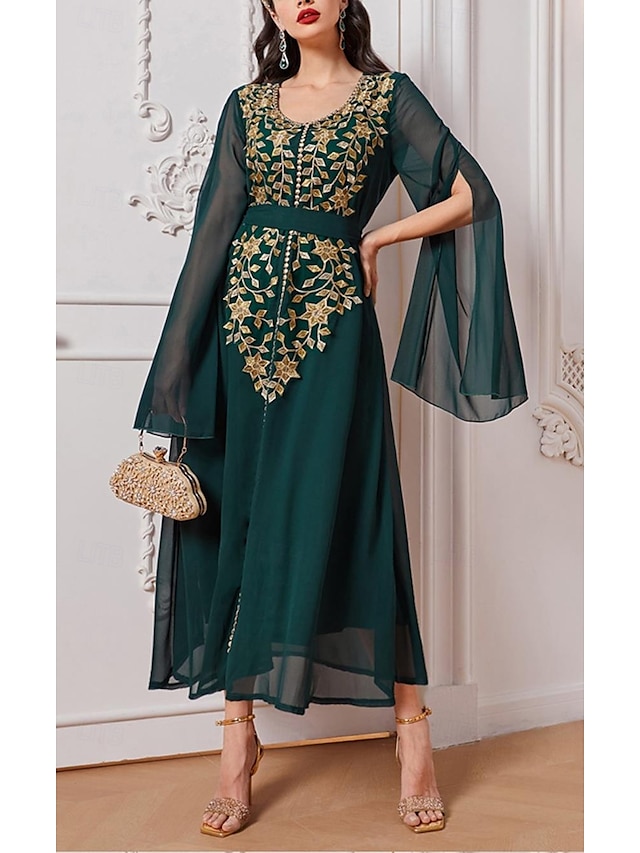  Damen Patchwork Vintage-Kleid kleid lang Glatt Rundhalsausschnitt Langarm Frühling Herbst Grün