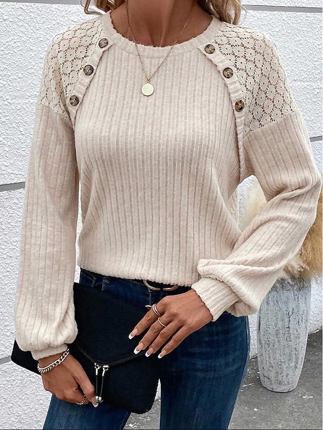  Women's Pullover Polyester Plain Work Street Patchwork Button Elegant Vintage Fashion Loose Fit Crew Neck Long Sleeve Micro-elastic Fall Winter