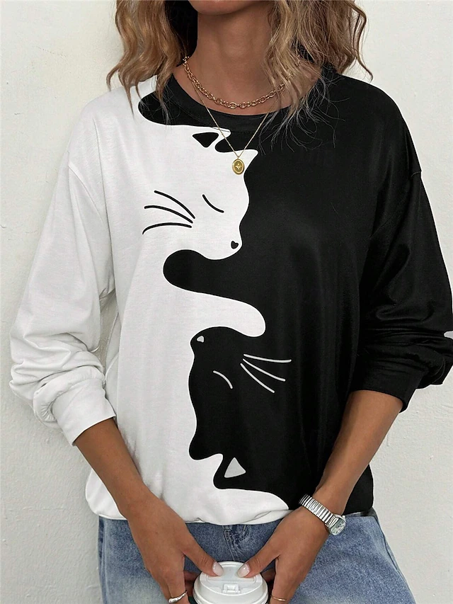 Women's Sweatshirt Cat Street Dailywear Print Casual Crew Neck Long Sleeve Micro-elastic Fall Winter Comfrt Breathable Soft Fabric4