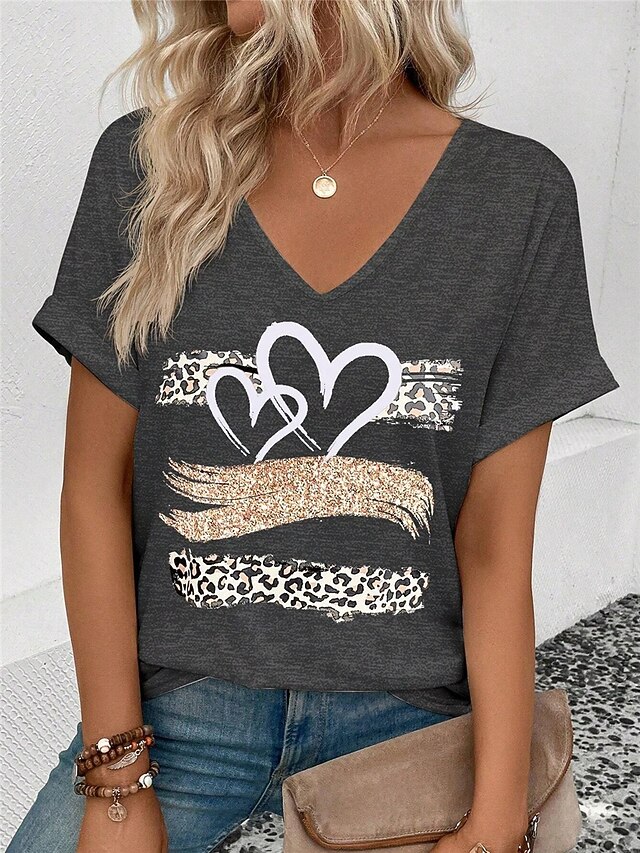 Women's T Shirt Stylish Casual Print Short Sleeve Regular Tops V Neck Daily Dark Gray Summer 5