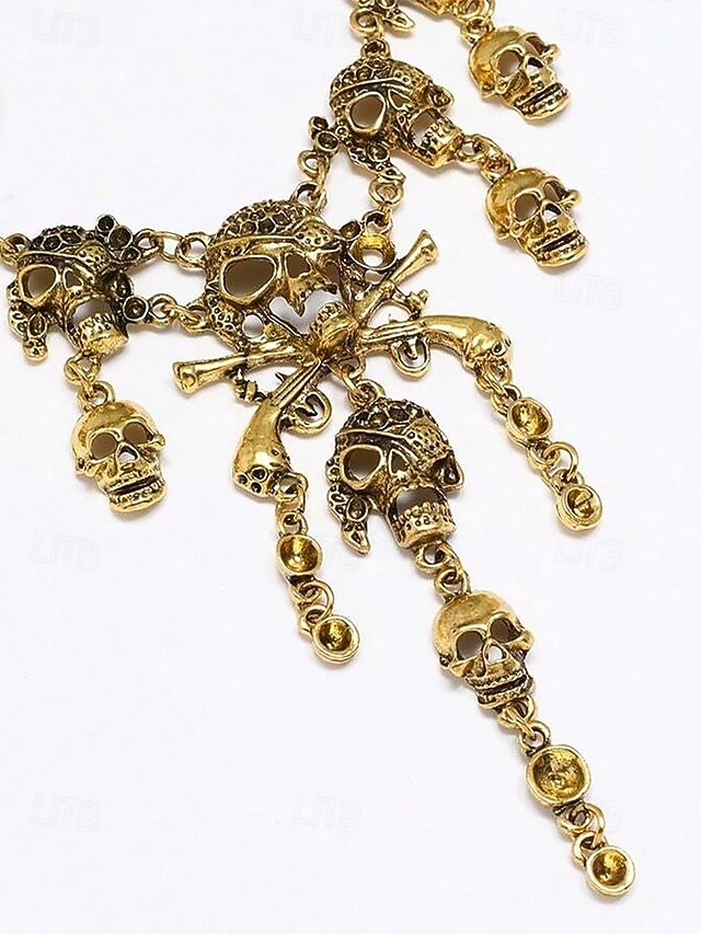  Women's Vintage Gold Skull Pendant Necklace with Rhinestone Detailing - Gothic Pirate Style Statement Jewelry for Halloween and Cosplay