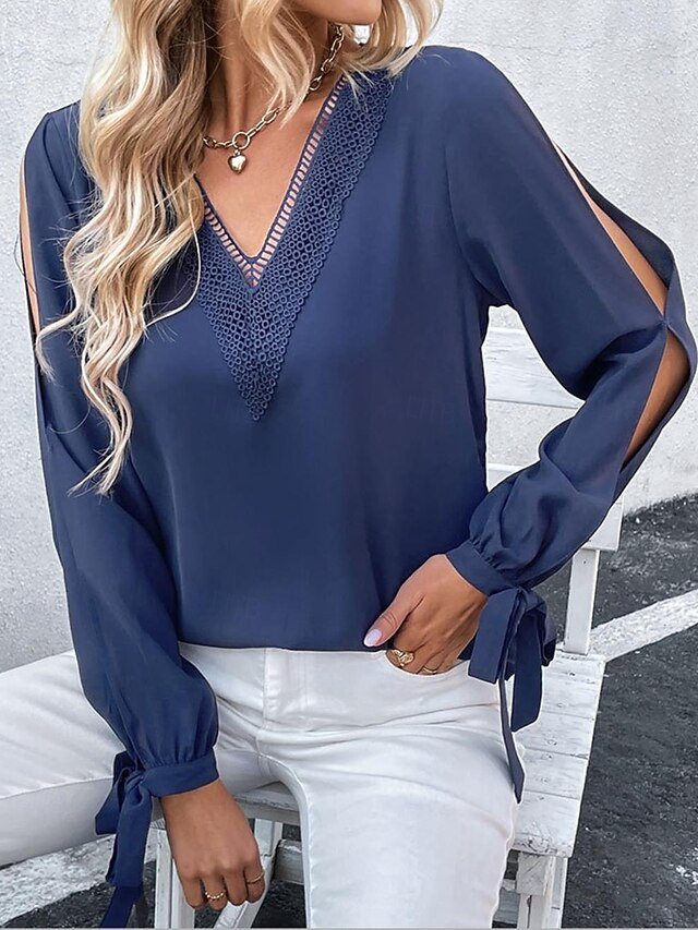 Women's Elegant Lace Tops Eyelet Blouse Stylish Modern Lace Hollow Out Long Sleeve Regular Tops V Neck Work Daily Romantic Petite Tops Summer Holiday Wear Blue Semi Formal Blouses4
