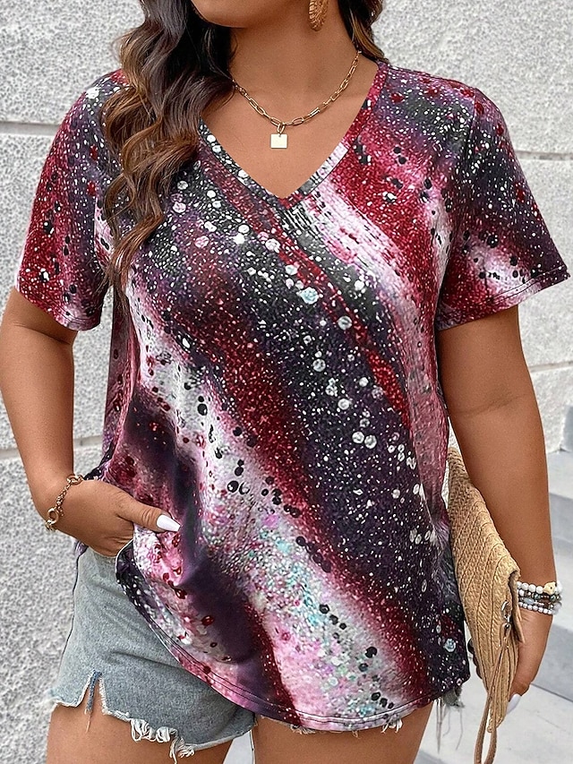 Women's T Shirt Casual Print Short Sleeve Regular Tops V Neck Daily Red Blue Purple Green Spring Fall 7