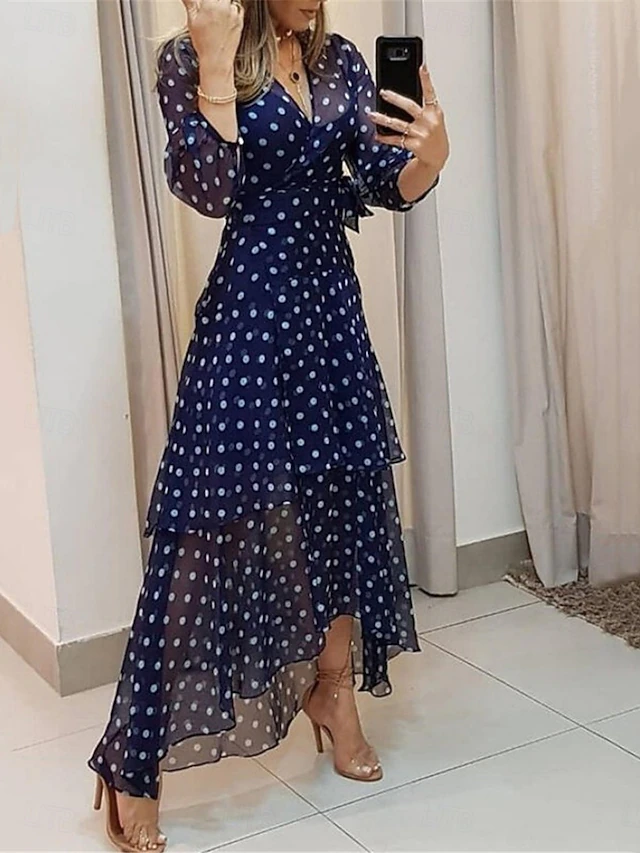 Women's Long Dress Maxi Dress Casual Dress Cocktail Dress Wedding Guest Dress Chiffon Dress Stylish Casual Vacation Daily Date Regular Fit Polka Dot 3/4 Length Sleeve V Neck Dark Blue Fall4