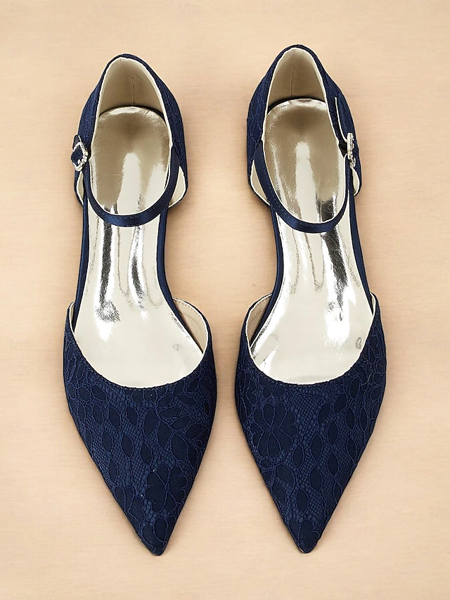 Women's Navy Blue Lace Flats with Ankle Strap and Pointed Toe - Elegant Wedding and Evening Shoes 6