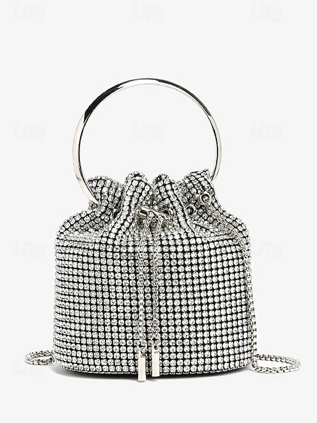  Women's Sparkling Silver Rhinestone Bucket Bag with Metal Ring Handle | Glamorous Accessory for Evening Parties and Special Occasions