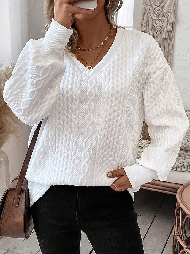 Women's Pullover Fashion Plain Dailywear Casual V Neck Zipper Loose Fit Long Sleeve White Spring Fall 5