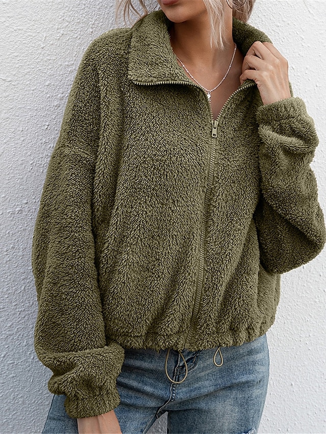  Dámské Fleecová bunda Teddy Coat Zahřívací Prodyšné Zip Kapsy Podšité fleecem Na běžné nošení Barevné bloky Dovolená ulice Denní nošení Jdeme ven Zip Přehnutý Běžný Dlouhý rukáv Svrchní oděvy Bíl