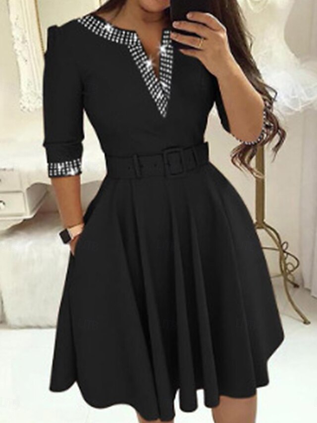 Women's Midi Dress Black Dress Sequin Dress Cocktail Dress Formal Dress Fashion Modern Office Loose Fit Plain 3/4 Length Sleeve V Neck Black Summer Spring Fall4