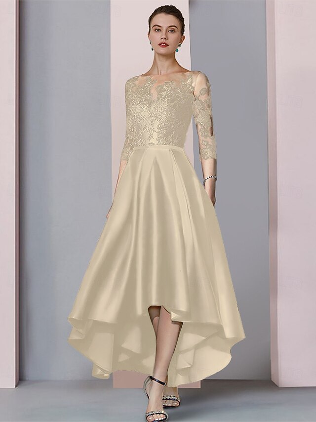A-Line Mother of the Bride Dress Wedding Guest Elegant High Low Scoop Neck Asymmetrical Tea Length Satin Lace Short Sleeve with Bow(s) Pleats Appliques main image 1
