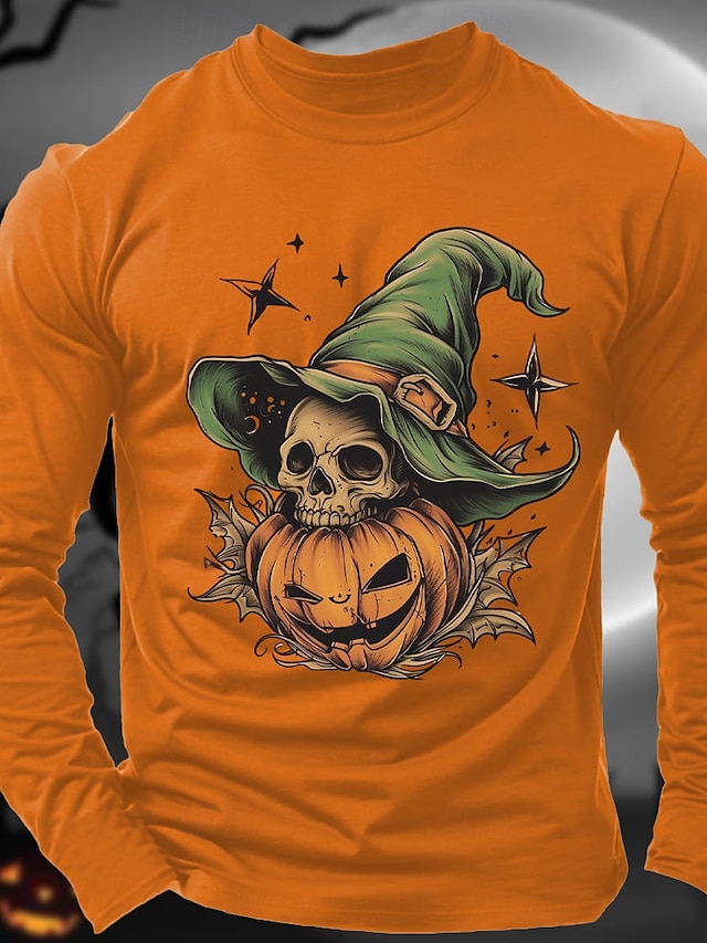  Calabaza Calaveras Víspera de Todos los Santos Gris jaspeado oscuro Negro Vino Camiseta Hombre Gráfico 100% Algodón Camisa Deportes Clásico Camisa Manga Larga Camiseta cómoda Verano Otoño Ropa de