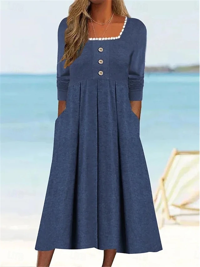 Women's Casual Dress Midi Dress Patchwork Button Vacation Streetwear Basic Square Neck 3/4 Length Sleeve Black White Wine Color 6