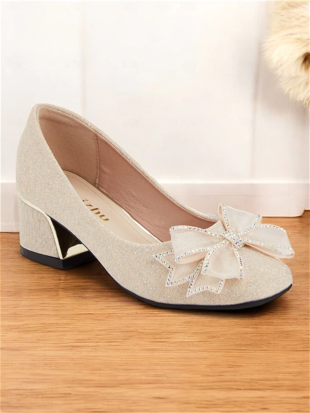 Women's Gold Glitter Block Heel Pumps with Bow Decoration - Elegant Party and Evening Shoes 9