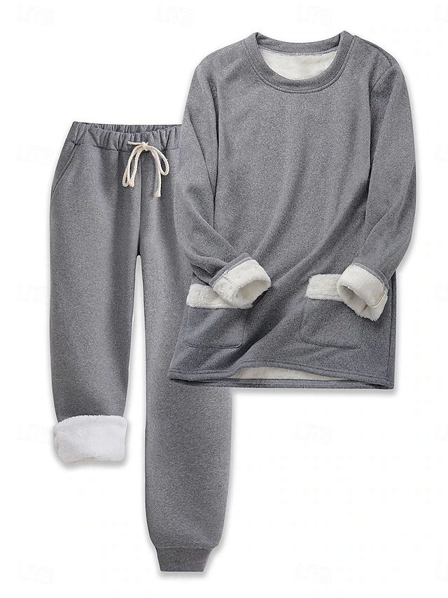 Women's Pajamas Set Fleece Lined 2 Pieces Sweatshirt Tracksuits Daily Fleece Pants Long Sleeve Crew Neck Plain Casual Black Dark Pink Blue Fall Regular Fit 10