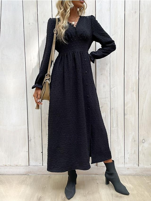  robe noire Robe unie Femme Robe Maxi A Volants Bouton Plein Air Rendez-vous Décontractées Col V manche longue Ample Noir S M L XL