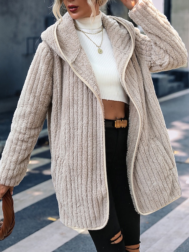  Women's Sherpa Jacket Teddy Coat Warm Zipper Pocket Fashion Casual Plain Work Open Front Turndown Loose Fit Long Sleeve Outerwear Black Red Gray Fall Winter