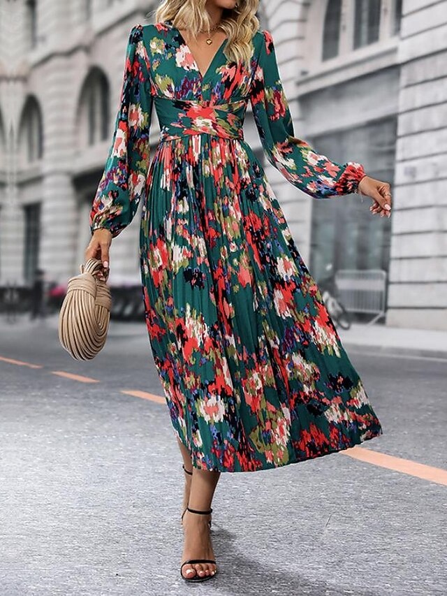 Women's Graphic Print V Neck Long Dress Maxi Dress Long Sleeve Spring Fall 6