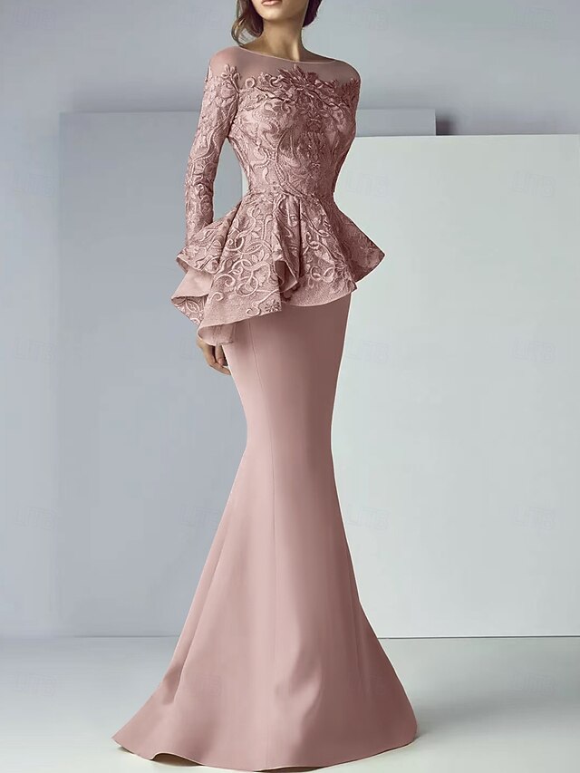 Mermaid Long Sleeve Jacquard Maxi Mother of the Bride Dresses with Belt Formal Collared Gown