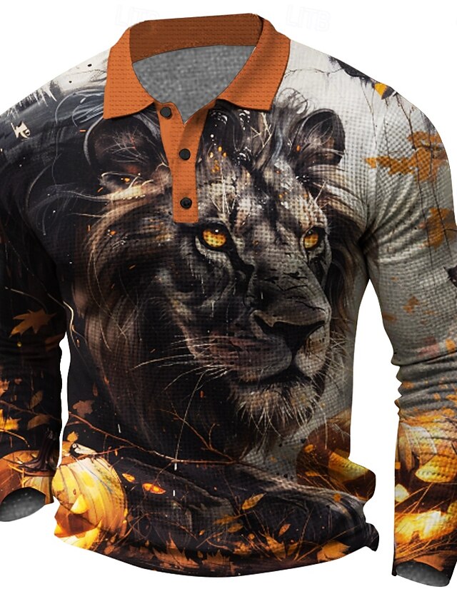  Leeuw Voor heren Wafel poloshirt golfpolo Lange mouw Feest / Avond Dagelijks gebruik Vakantie Lente Herfst Winter nappi 3D-afdrukken Kraag Oranje Micro-elastisch Polyester