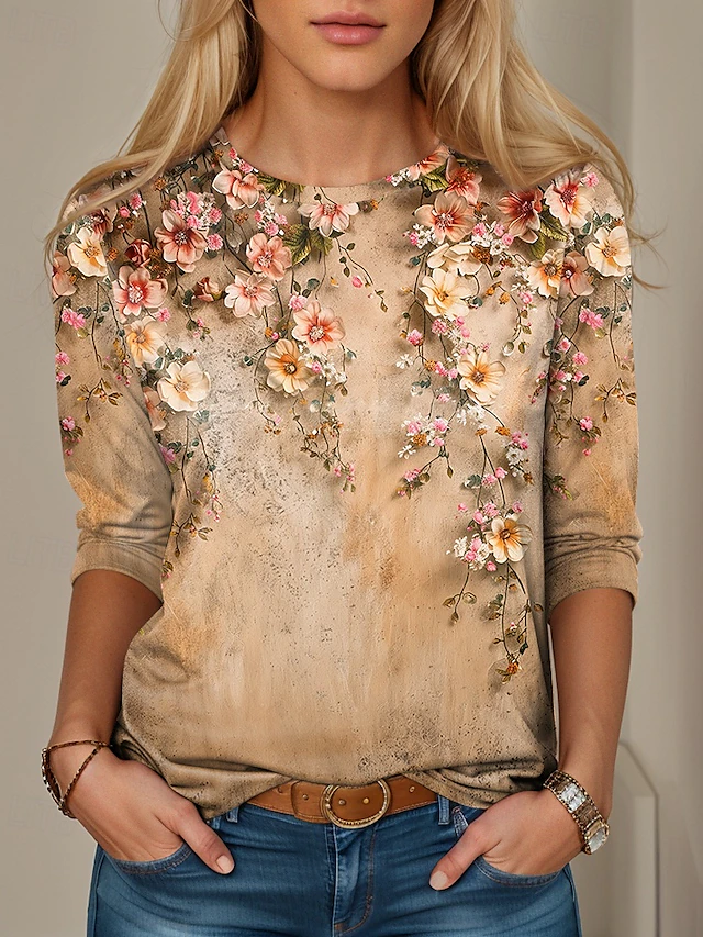 Women's T Shirt Casual Print Regular Tops Daily Yellow Pink Blue Spring Fall 6