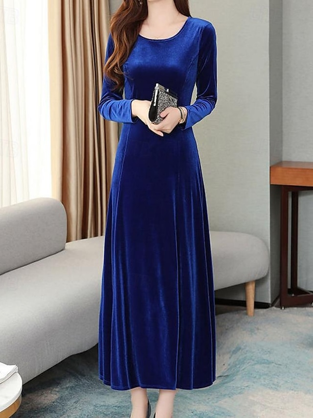  Per donna Abito semplice Vestito maxi A pieghe Informale Girocollo Manica lunga Nero Rosso Blu Colore