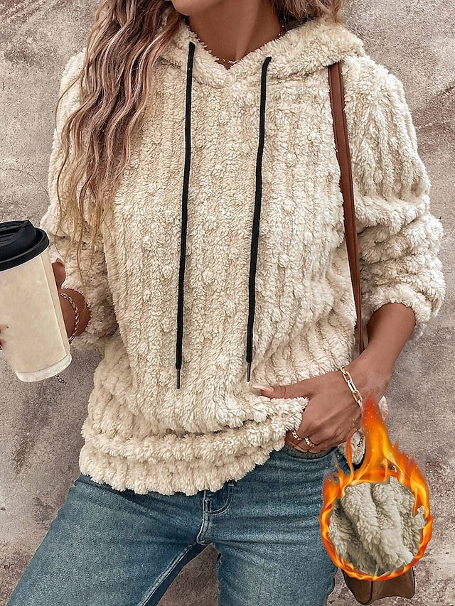 Women's Hoodie Sweatshirt Vintage Fashion Comfrt Fleece Plain Street Dailywear Casual Hooded Patchwork Loose Fit Long Sleeve Khaki Fall Winter 5