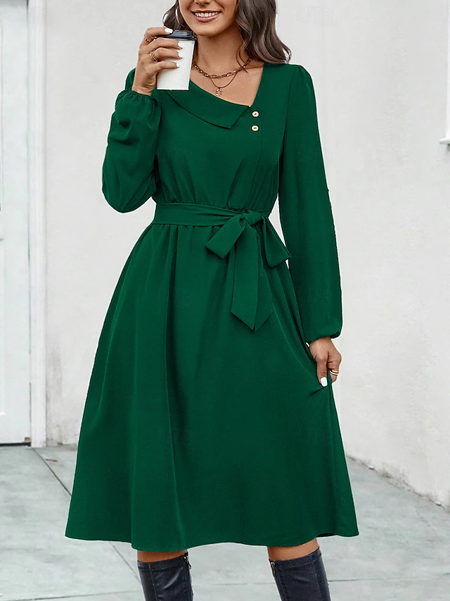 Women's Midi Dress Elegant Dark Green Long Sleeve Belted V-Neck Button Detail Work Casual A-line Flowy Versatile Autumn Spring Clothing Apparel 9