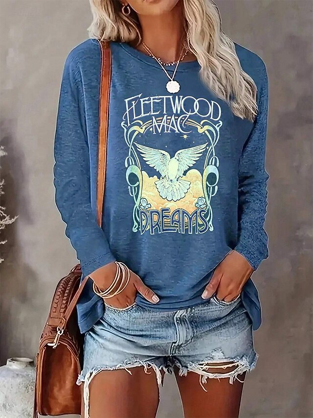 Women's T shirt Long Sleeve Bird Letter Casual Long Sleeve Round Neck Regular Tops Daily Print Blue Spring & Fall Spring, Fall, Winter, Prefall4