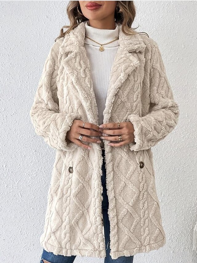 Women's Winter Coat Athleisure Holiday Daily Wear Fall Winter Regular Coat Regular Fit Stylish Casual Jacket Long Sleeve Solid Color Knit Apricot4