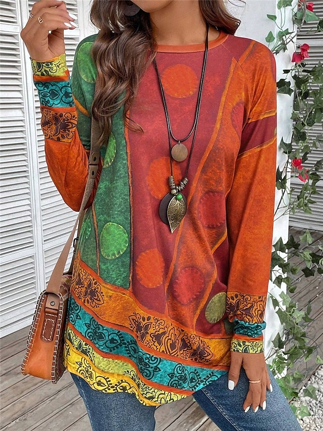 Women's T shirt Long Sleeve Vintage Ethnic Casual Print Long Sleeve Long Tops Crew Neck Daily Red Purple Green Fall Winter Prefall 6