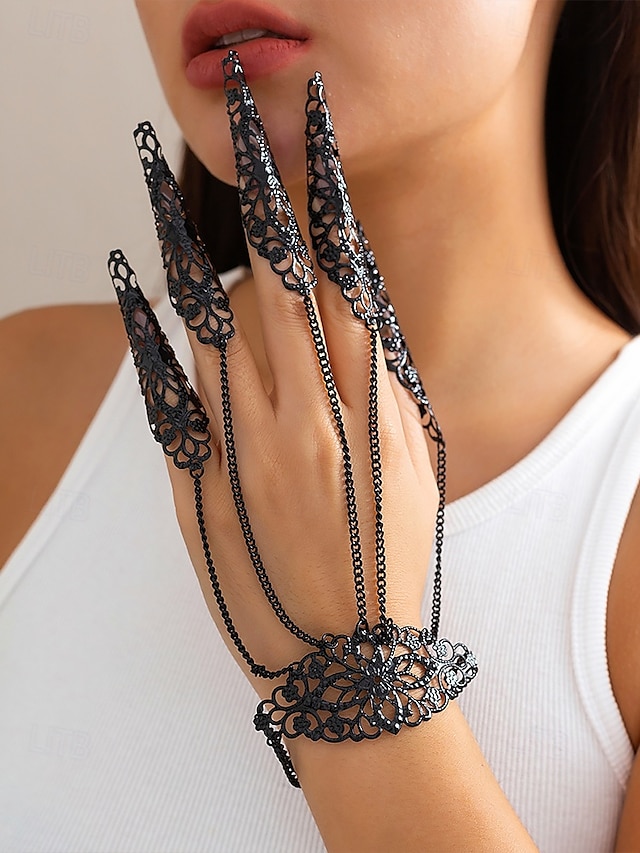  Women's Gothic Black Lace Finger Armor with Chains, Intricate Halloween Costume Jewelry for Cosplay and Special Occasions