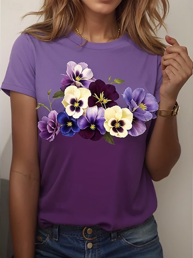  t-shirt femme décontracté imprimé manches courtes hauts réguliers quotidien violet été