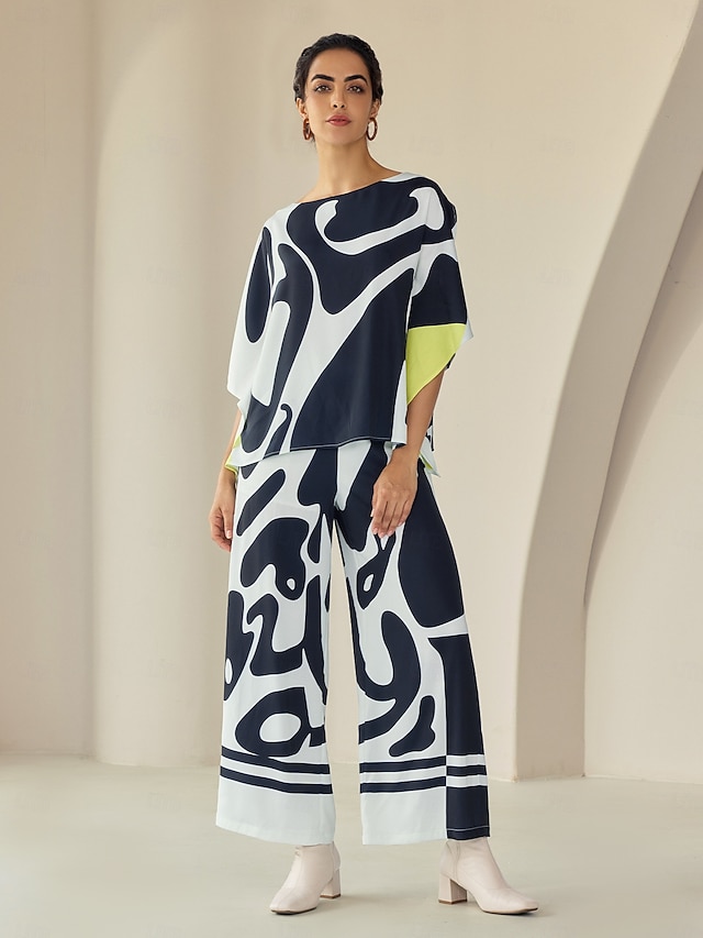  Per donna Camicia in raso di seta Combinazione di colori Casual Quotidiano Manica a Pipistrello Nero Con volant Grafico Mezze maniche Casual Quotidiano A barca Primavera & Autunno Interstagionale