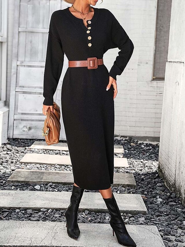 Women's Sweater Dress Elegant Fashion Casual Solid Color Crew Neck Knitted Long Sleeve Long Tops Knit Work Black Purple Fall Winter 9