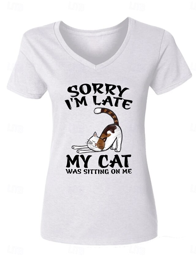 Women's T Shirt Casual Cat Letter Print Short Sleeve Regular Tops V Neck Daily Light Grey Summer I Am Fine4